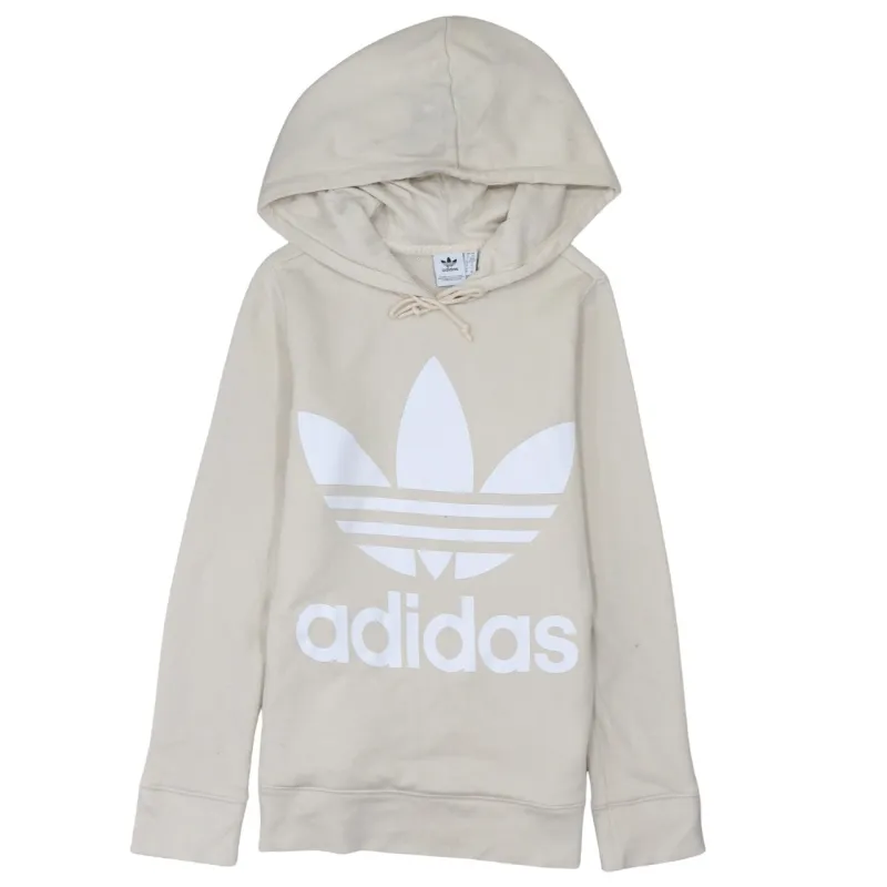 Adidas Beige Cream Hoodie Women’s XSmall Trefoil Printed Logo Drawstring Pullover Sweatshirt sold by Vintage Club