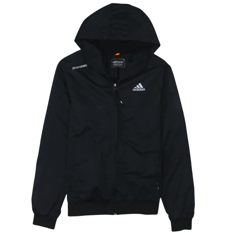 Adidas Black Hooded Windbreaker Women's Medium Printed Logo Zip Pockets Jacket sold by Vintage Club