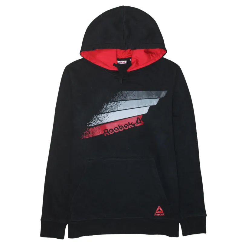 Reebok Black Hoodie Men's Small Printed Graphic Logo Red Lined Hood Pullover Sweatshirt sold by Vintage Club