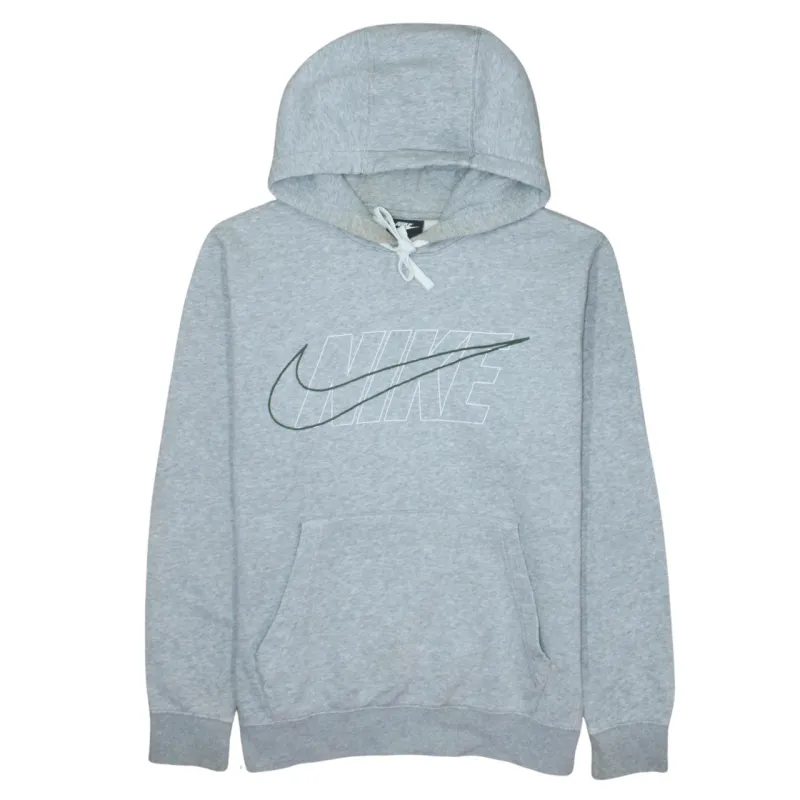 Nike Grey Hoodie Men’s Small Printed Swoosh Logo Front Pocket Pullover Sweatshirt sold by Vintage Club