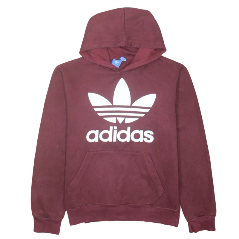 Adidas Burgundy Red Hoodie Men's Medium Printed Trefoil Logo Front Pocket Pullover Sweatshirt sold by Vintage Club
