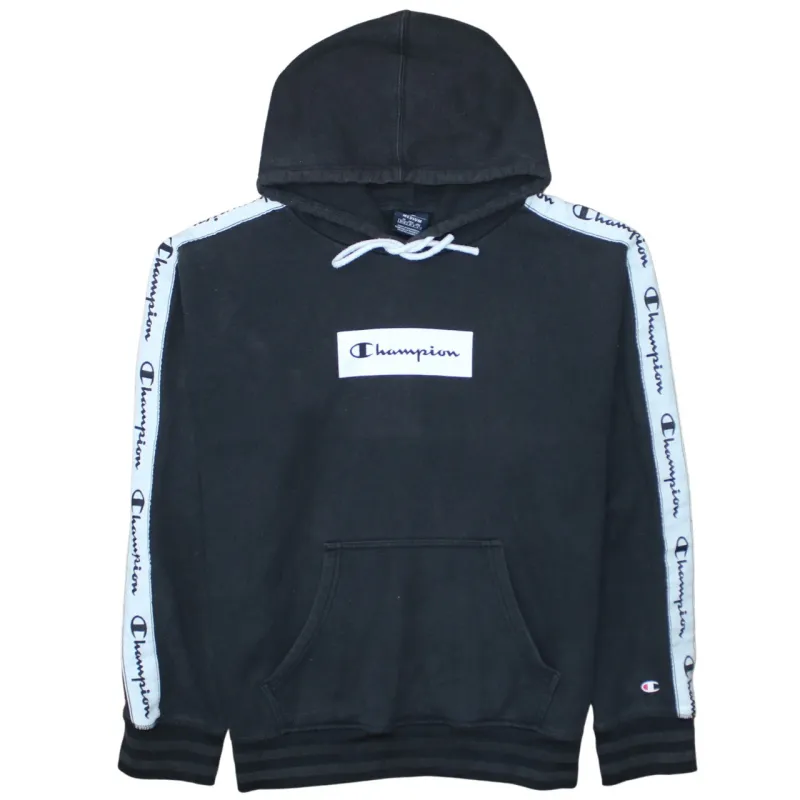 Champion Black Hoodie Men’s Medium Taped Logo Sleeves Embroidered Chest Patch Pullover Sweatshirt sold by Vintage Club