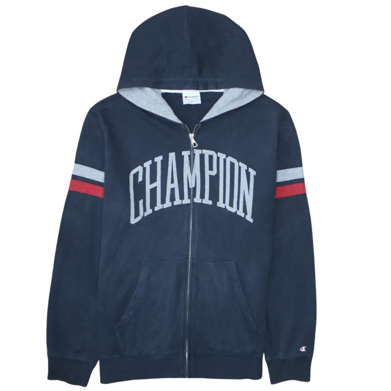 Champion Navy Blue Zip Hoodie Women’s XLarge Printed Logo Stripe Sleeves Casual Sweatshirt sold by Vintage Club