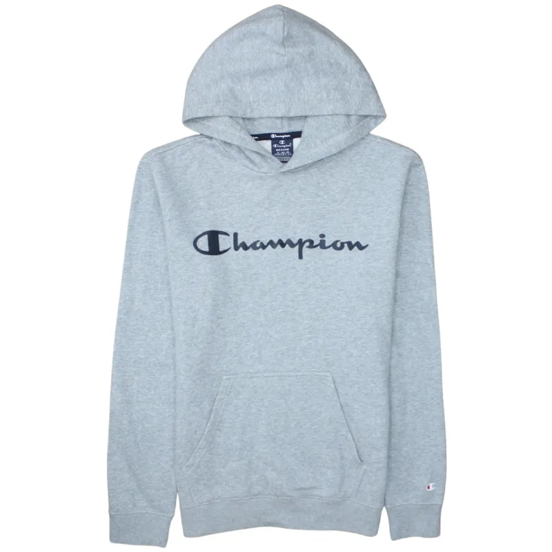 Champion Light Grey Hoodie Women’s Medium Printed Script Logo Front Pocket Pullover Sweatshirt made by Champion