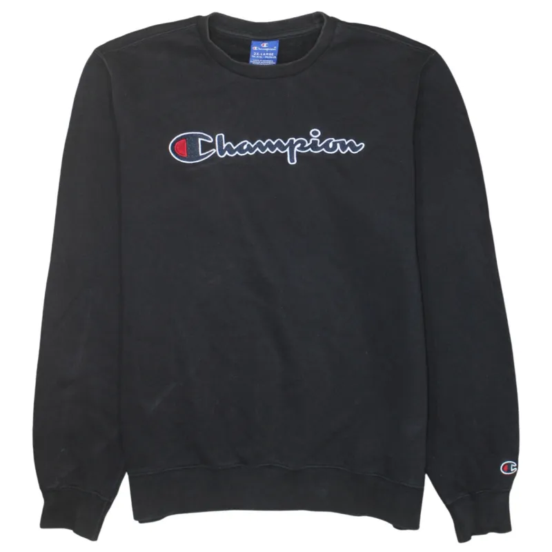 Champion Black Sweatshirt Women’s XXLarge Embroidered Script Logo Crewneck Pullover Fleece Top sold by Vintage Club