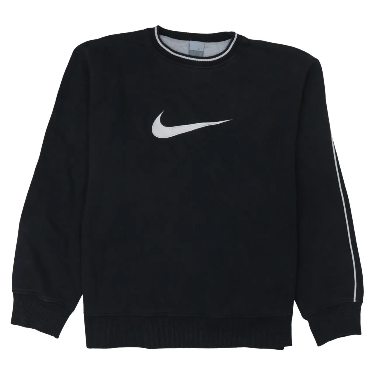 Nike Black Sweatshirt Men's XLarge Printed Swoosh Logo Stripe Sleeves Crewneck Pullover sold by Vintage Club