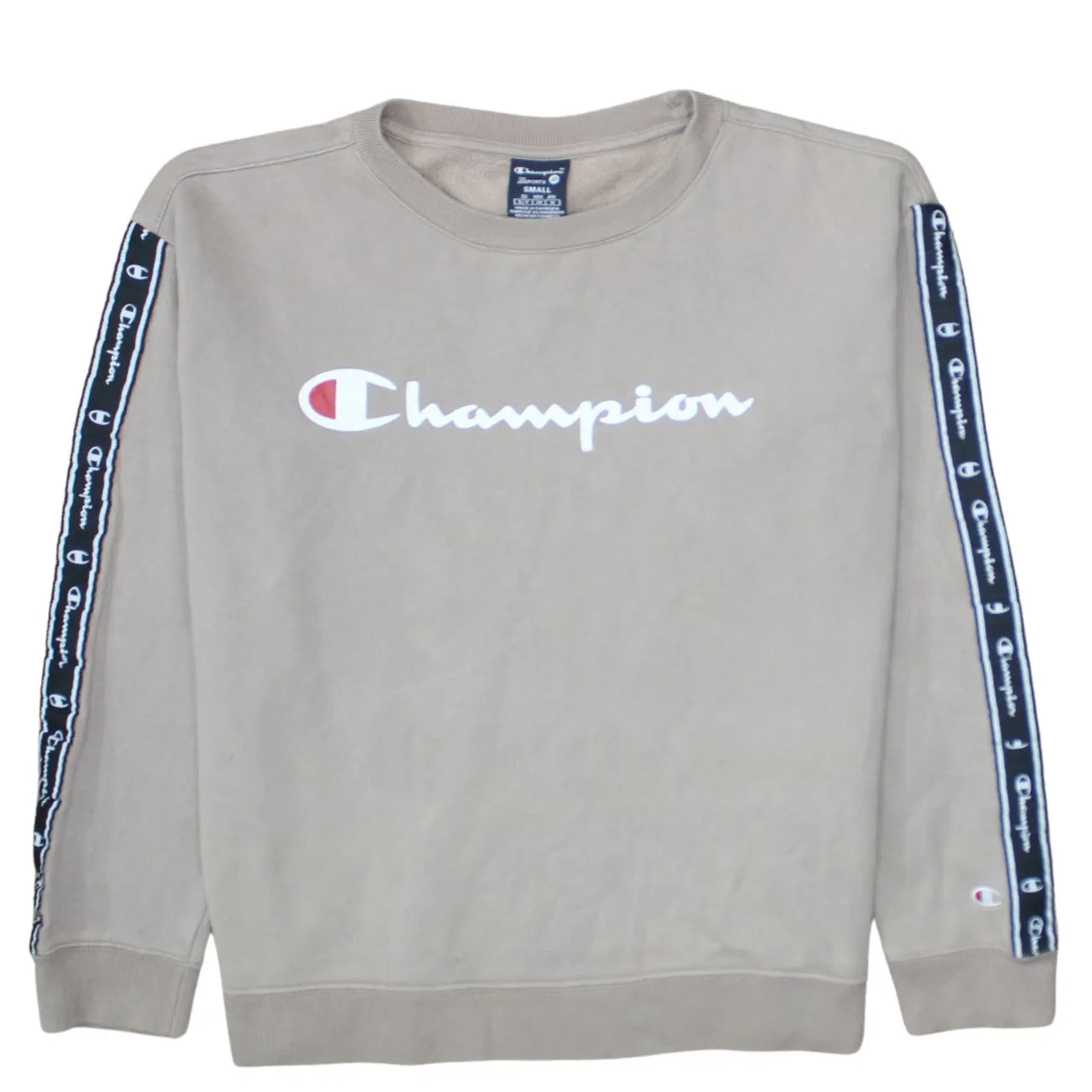 Champion Beige Cream Sweatshirt Men's Small Printed Script Logo Sleeve Tape Pullover Top sold by Vintage Club