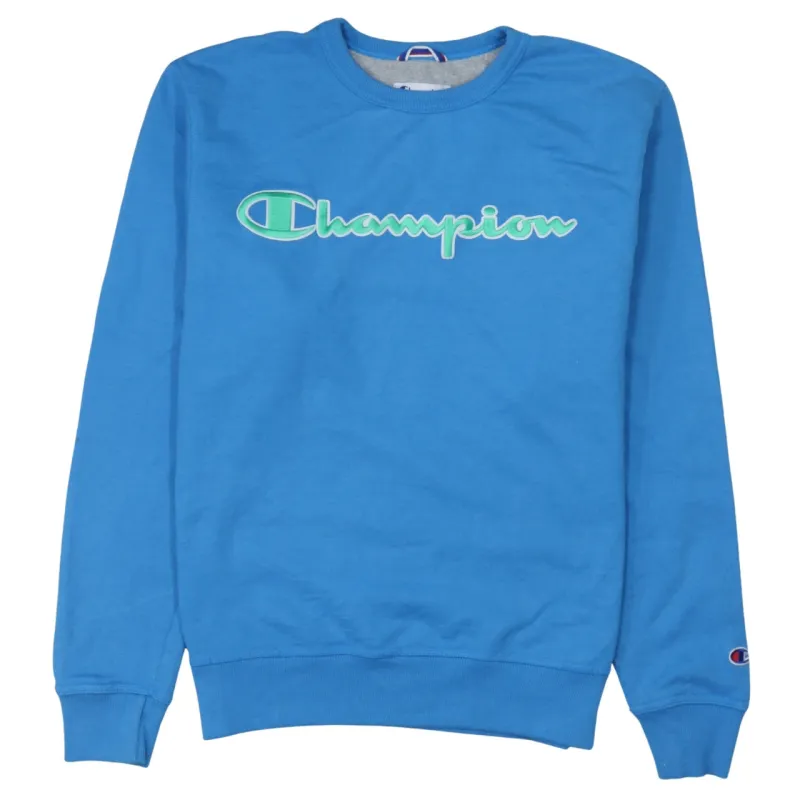 Champion Blue Sweatshirt Men's Small Embroidered Script Logo Crewneck Pullover Fleece Top sold by Vintage Club