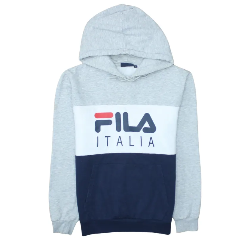 Fila Grey Colour Block Hoodie Men's Small Printed Italia Logo Front Pocket Pullover Sweatshirt sold by Vintage Club