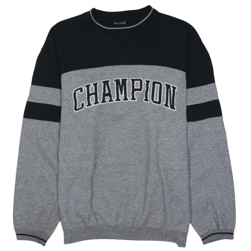 Champion Grey Black Sweatshirt Men’s XLarge Big Logo Colour Block Crewneck Pullover Top sold by Vintage Club