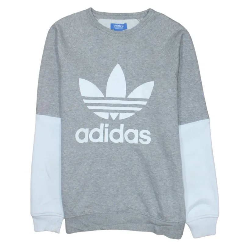 Adidas Grey Sweatshirt Men's Small Trefoil Printed Logo Contrast White Sleeves Pullover Top sold by Vintage Club