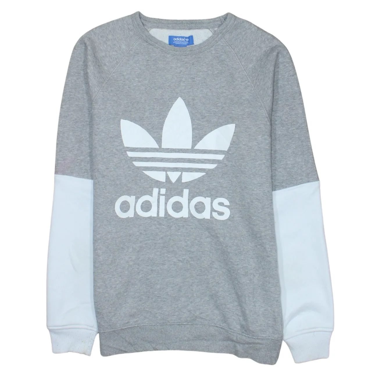 Adidas Grey Sweatshirt Men's Small Trefoil Printed Logo Contrast White Sleeves Pullover Top sold by Vintage Club