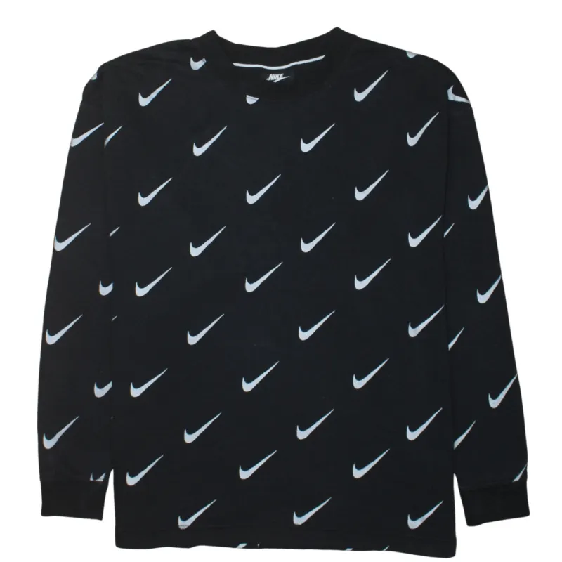 Nike Black Long Sleeve T Shirt Men’s Small All Over Swoosh Printed Logo Top sold by Vintage Club