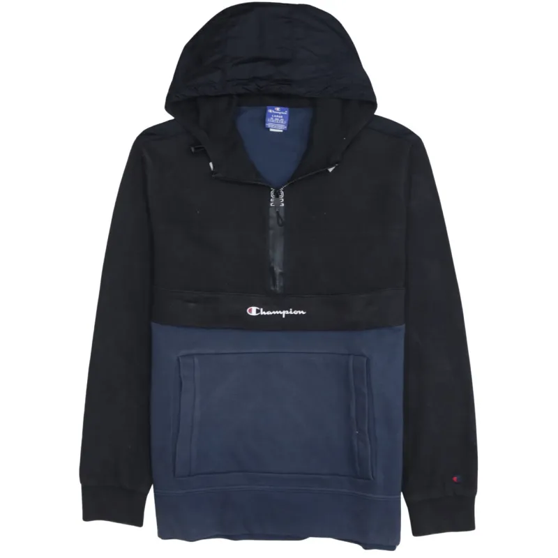 Champion Black Navy Hoodie Women's Large Embroidered Logo Half Zip Front Pocket Pullover Sweatshirt made by Champion