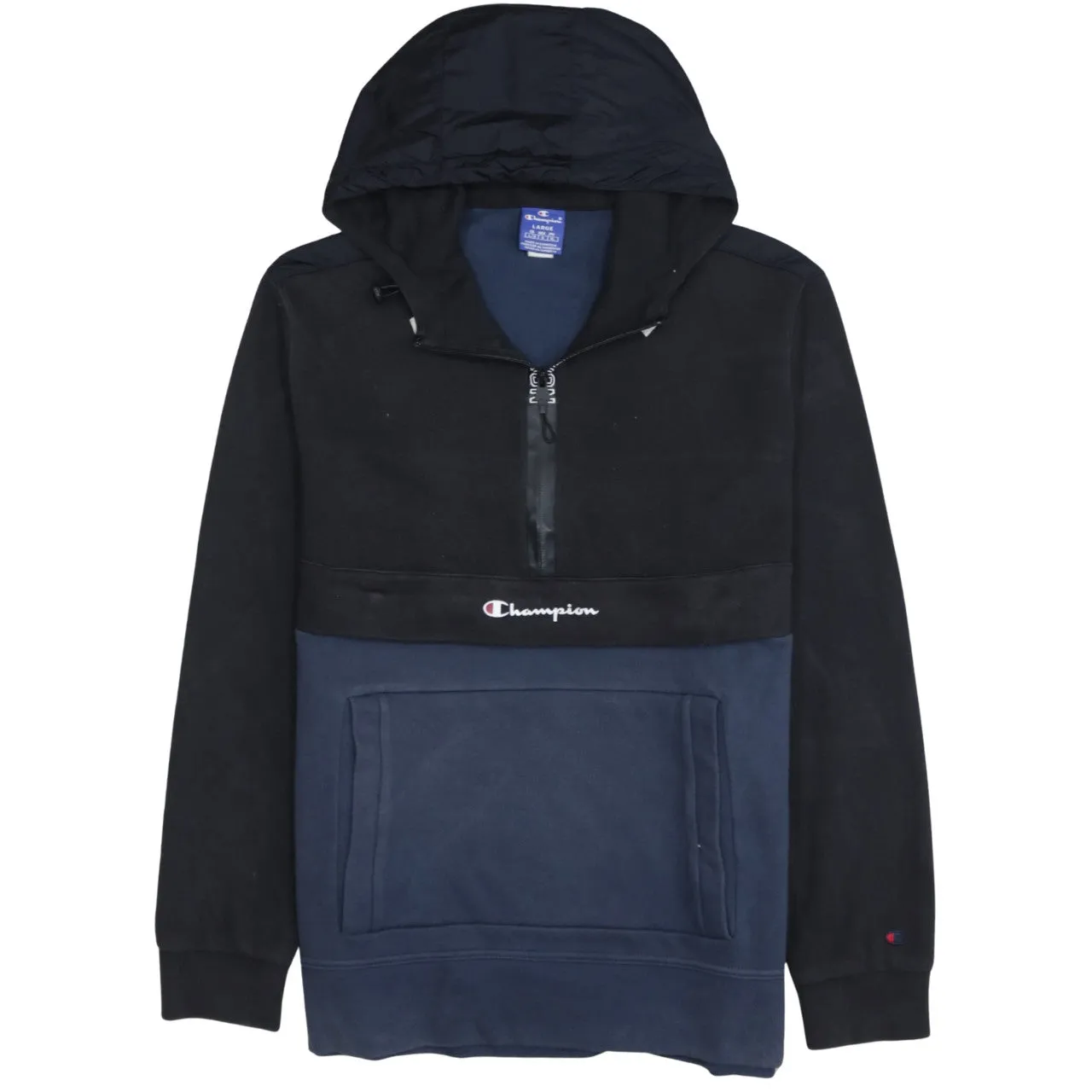 Champion Black Navy Hoodie Women's Large Embroidered Logo Half Zip Front Pocket Pullover Sweatshirt sold by Vintage Club