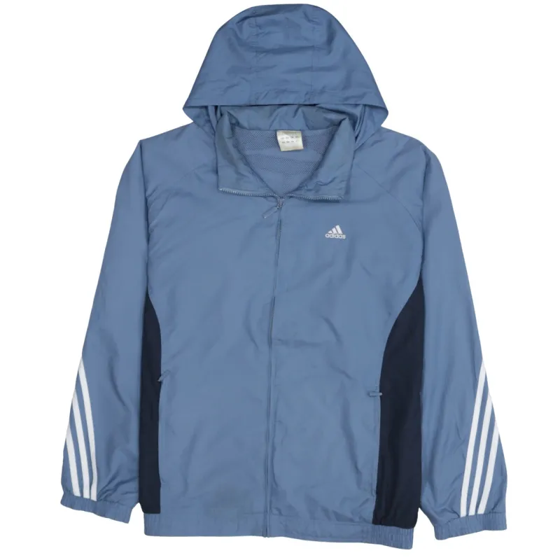 Adidas Blue Hooded Windbreaker Men’s Medium Three Stripe Sleeves Zip Mesh Lined Jacket made by Adidas