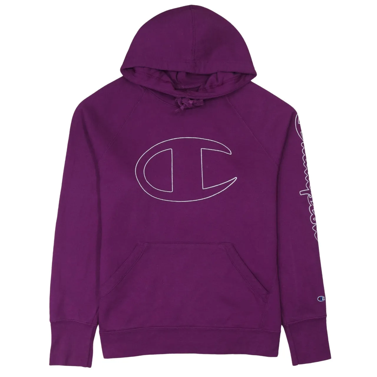 Champion Purple Hoodie Women’s Large Embroidered Outline Logo Sleeve Script Pullover Sweatshirt sold by Vintage Club