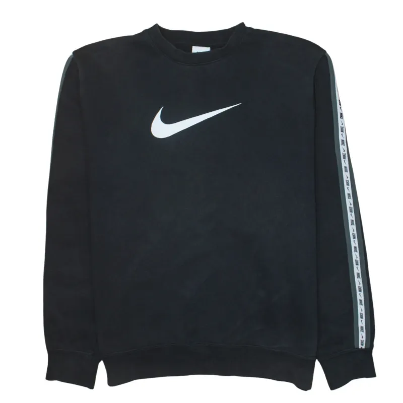 Nike Black Sweatshirt Men's Medium Printed Swoosh Logo Tape Sleeve Crewneck Pullover sold by Vintage Club