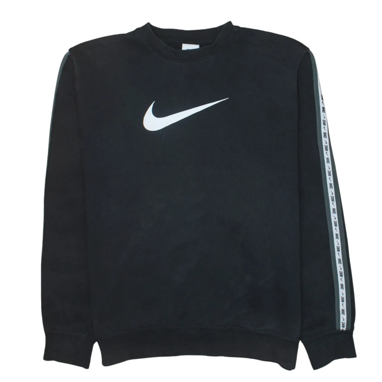 Nike Black Sweatshirt Men's Medium Printed Swoosh Logo Tape Sleeve Crewneck Pullover sold by Vintage Club