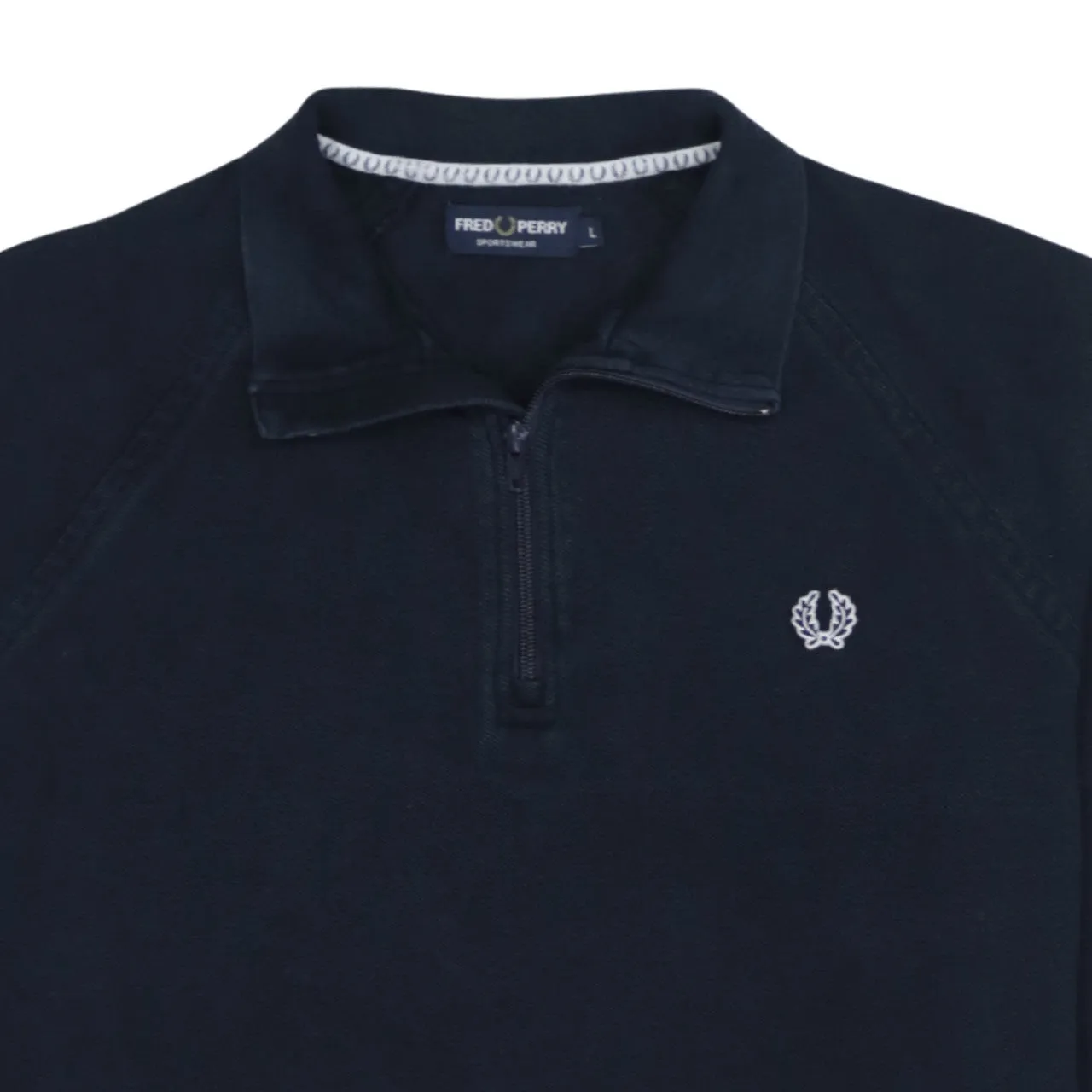 Fred Perry Navy Blue Sweatshirt Women’s Large Embroidered Logo Quarter Zip Striped Hem Pullover sold by Vintage Club product image thumbnail 3