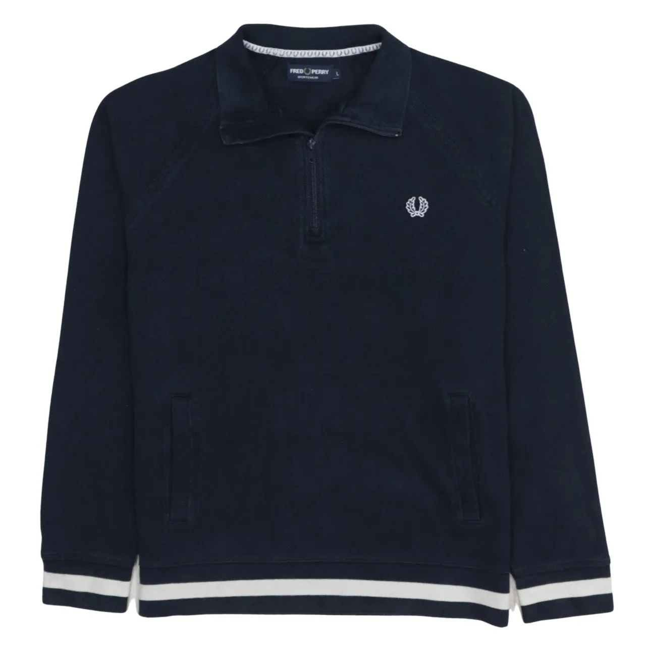 Fred Perry Navy Blue Sweatshirt Women’s Large Embroidered Logo Quarter Zip Striped Hem Pullover sold by Vintage Club
