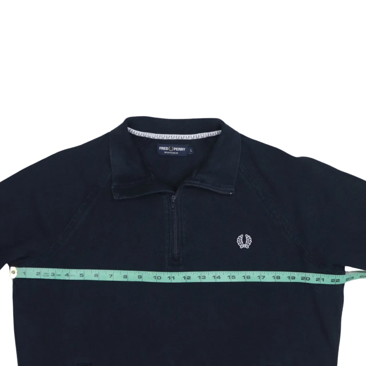 Fred Perry Navy Blue Sweatshirt Women’s Large Embroidered Logo Quarter Zip Striped Hem Pullover sold by Vintage Club product image thumbnail 5