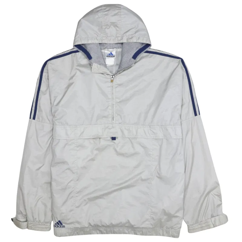 Adidas Light Grey Hooded Windbreaker Men’s Medium Three Stripe Half Zip Jacket Pullover sold by Vintage Club