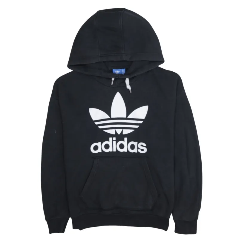 Adidas Black Hoodie Women’s XSmall Printed Trefoil Logo Drawstring Pullover Sweatshirt sold by Vintage Club
