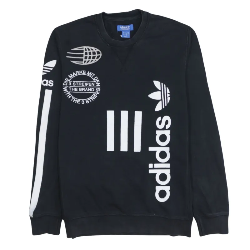 Adidas Black Sweatshirt Men's Small Bold Printed Logos Three Stripe Sleeve Pullover Top made by Adidas