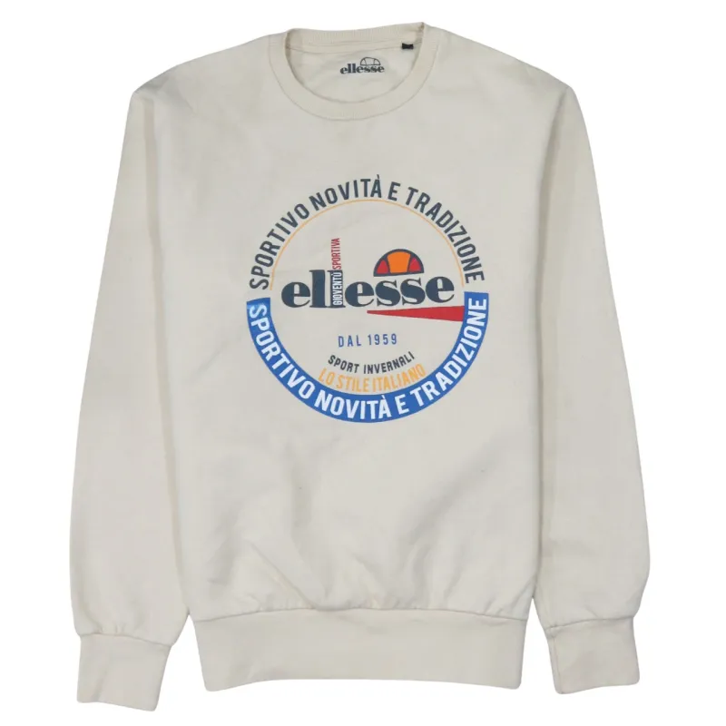 Ellesse Cream Sweatshirt Women’s Large Printed Logo Crewneck Pullover Fleece Top made by Ellesse