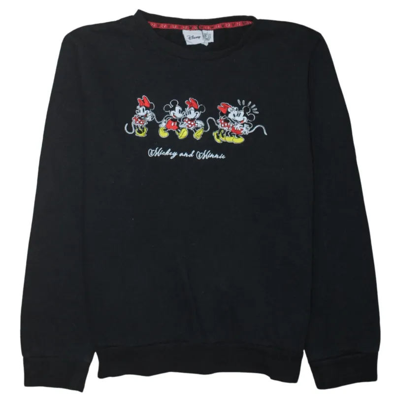 Disney Black Sweatshirt Women’s Large Embroidered Mickey Minnie Graphic Crewneck Pullover sold by Vintage Club