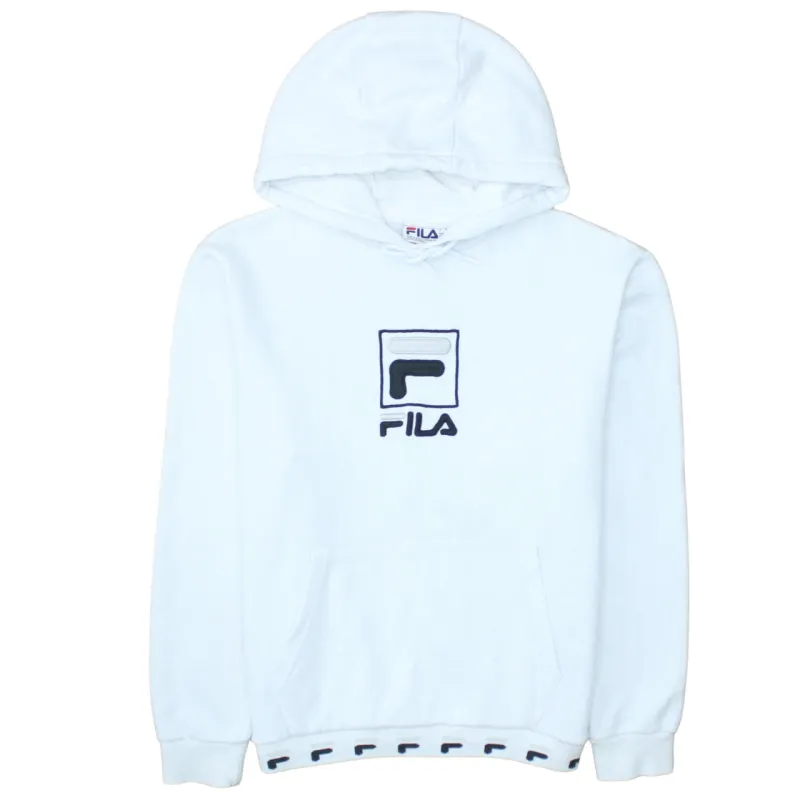 Fila White Hoodie Men's Medium Embroidered Big Logo Front Logo Hem Pullover Sweatshirt sold by Vintage Club