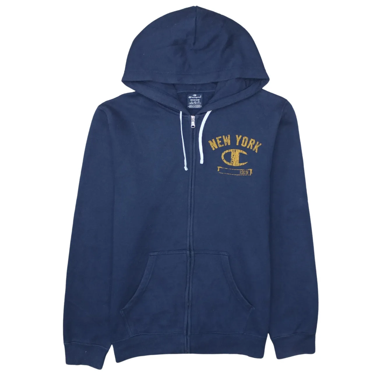 Champion Navy Blue Zip Hoodie Men's Medium New York Printed Chest Logo Sweatshirt sold by Vintage Club