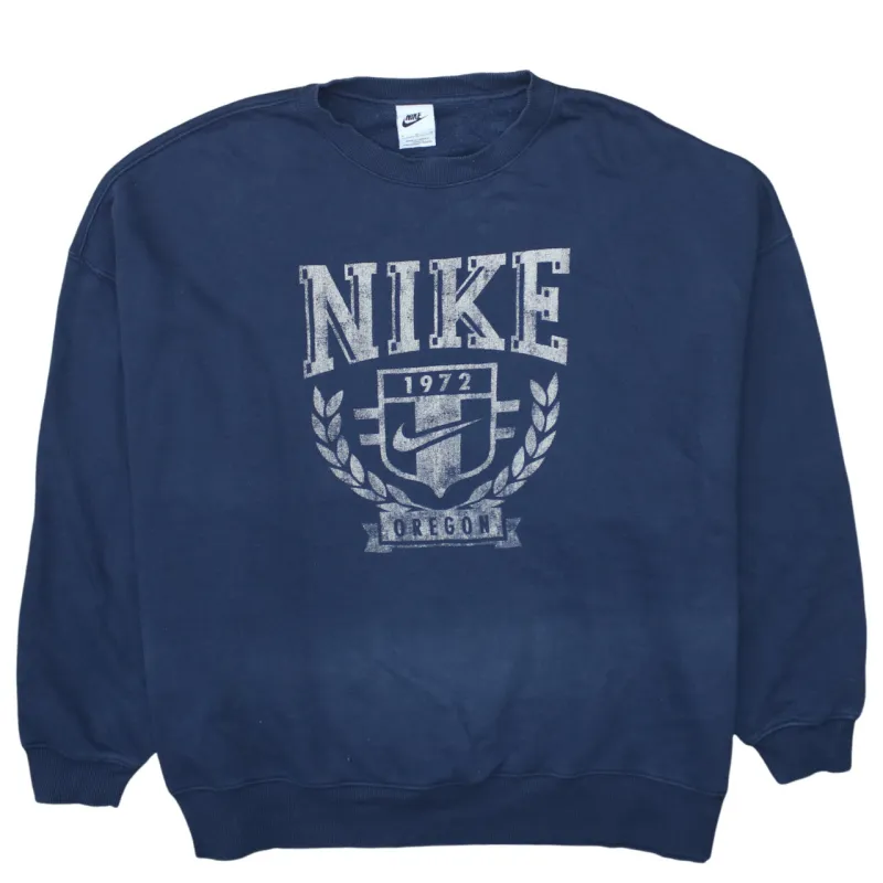 Nike Navy Blue Sweatshirt Men's Medium Printed Oregon Crest Logo Crewneck Pullover Fleece Top made by Nike