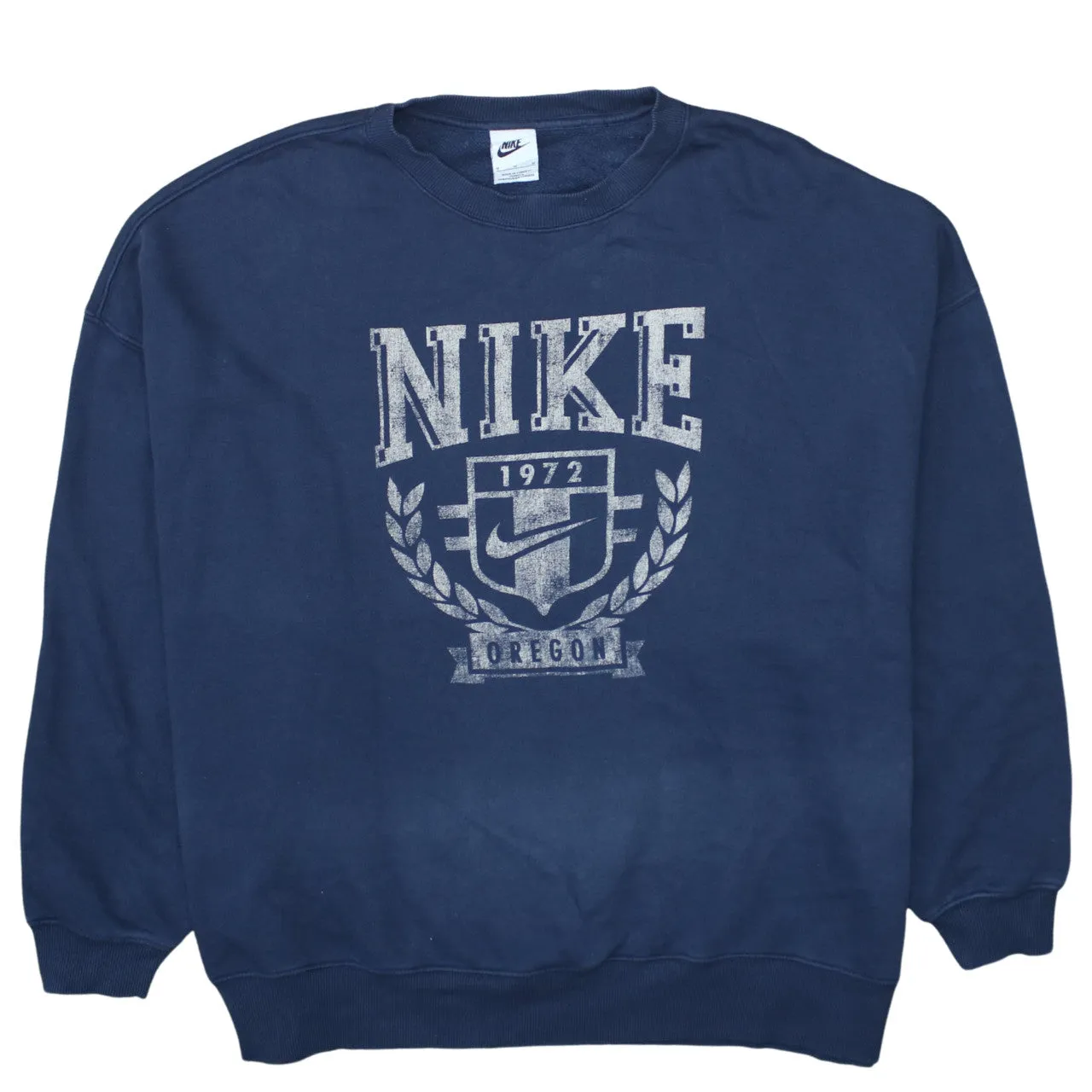 Nike Navy Blue Sweatshirt Men's Medium Printed Oregon Crest Logo Crewneck Pullover Fleece Top sold by Vintage Club