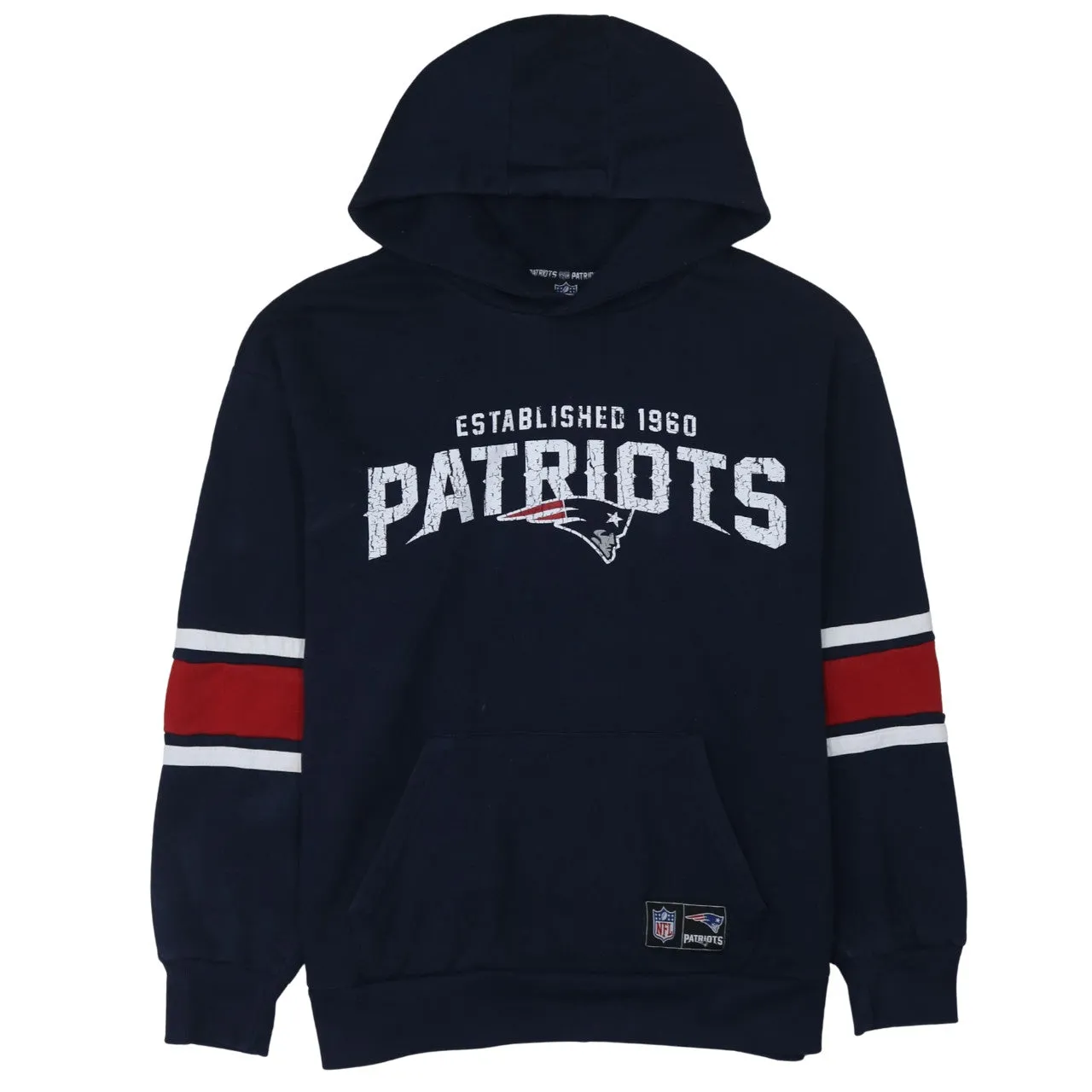 NFL Navy Blue Hoodie Men's Large Patriots Printed Logo Stripe Sleeve Pullover Sweatshirt sold by Vintage Club