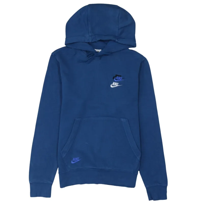 Nike Blue Pullover Hoodie Men’s XSmall Embroidered Swoosh Logos Front Back Sweatshirt sold by Vintage Club