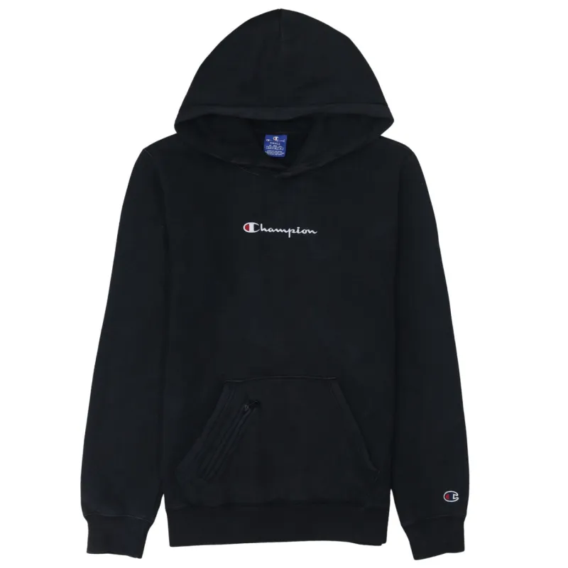 Champion Black Hoodie Men’s Small Embroidered Script Logo Zip Pocket Pullover Sweatshirt sold by Vintage Club