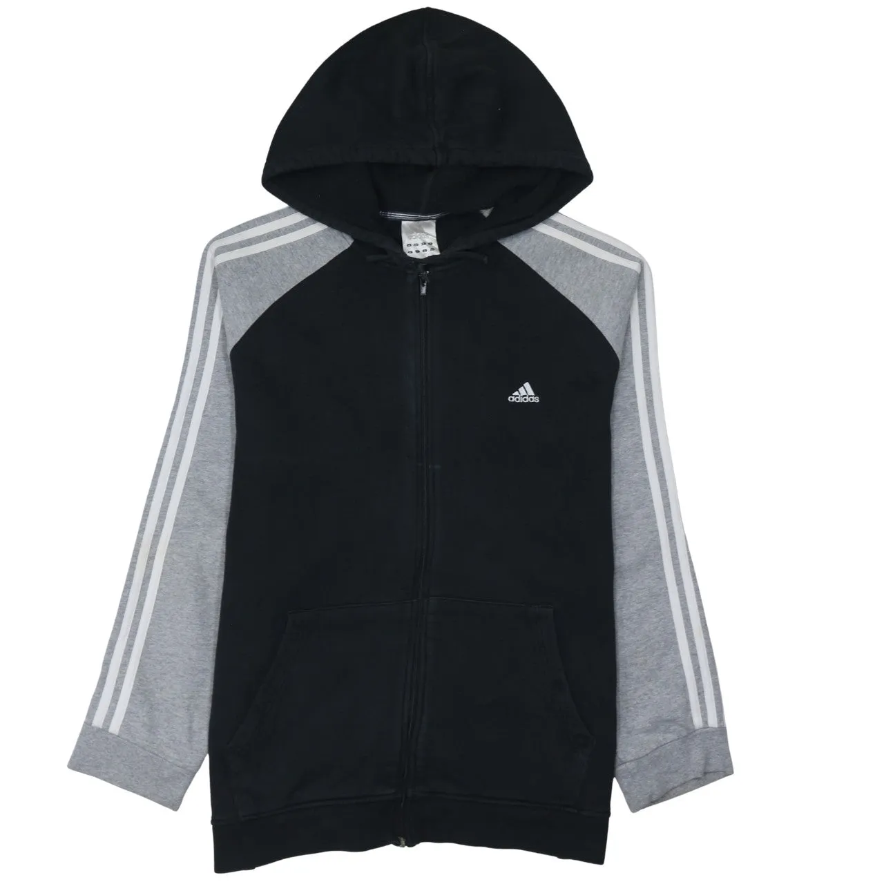 Adidas Black Grey Hoodie Women’s Large Full Zip Three Stripe Sleeves Embroidered Logo Sweatshirt sold by Vintage Club