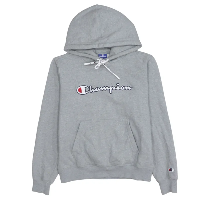 Champion Grey Hoodie Men’s Small Embroidered Script Logo Front Pocket Fleece Pullover sold by Vintage Club