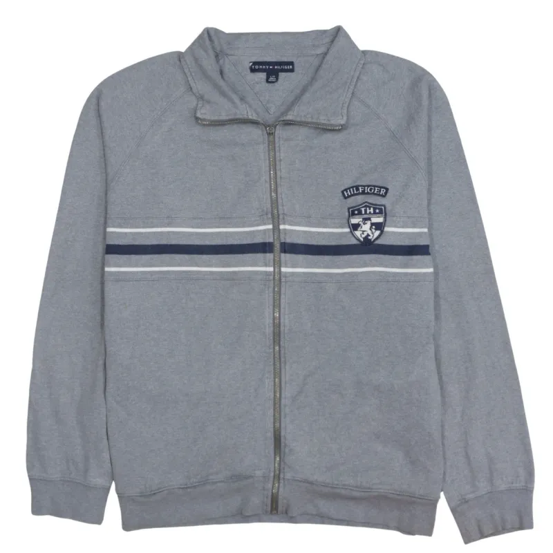 Tommy Hilfiger Grey Full Zip Sweatshirt Men's Large Embroidered Crest Stripe Track Top made by Tommy Hilfiger