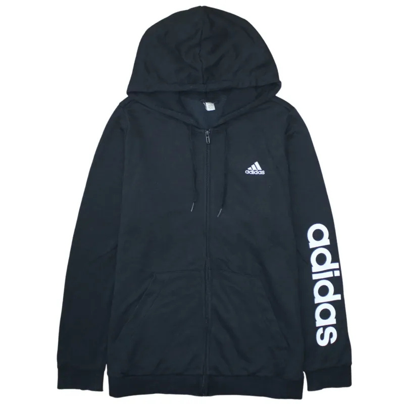 Adidas Black Hoodie Men's Medium Full Zip Printed Logo Sleeve Pockets Sweatshirt made by Adidas