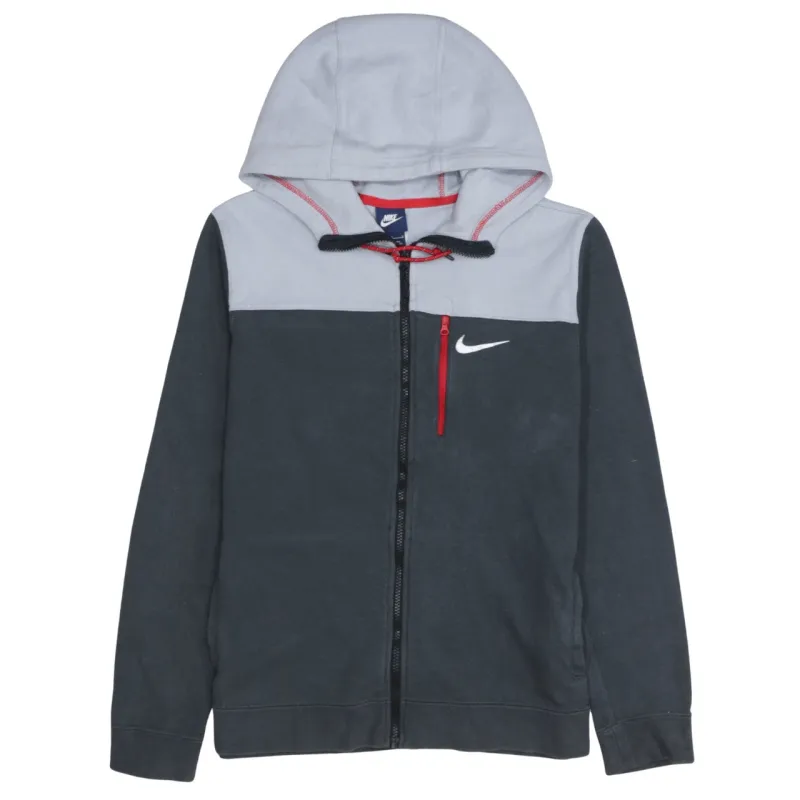 Nike Grey Black Full Zip Hoodie Women's Large Embroidered Swoosh Contrast Hood Pocket Sweatshirt made by Nike