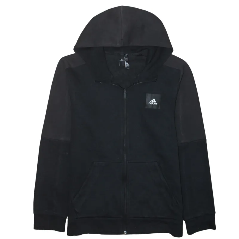 Adidas Black Full Zip Hoodie Men's Medium Small Chest Logo Split Kangaroo Pockets Sweatshirt sold by Vintage Club