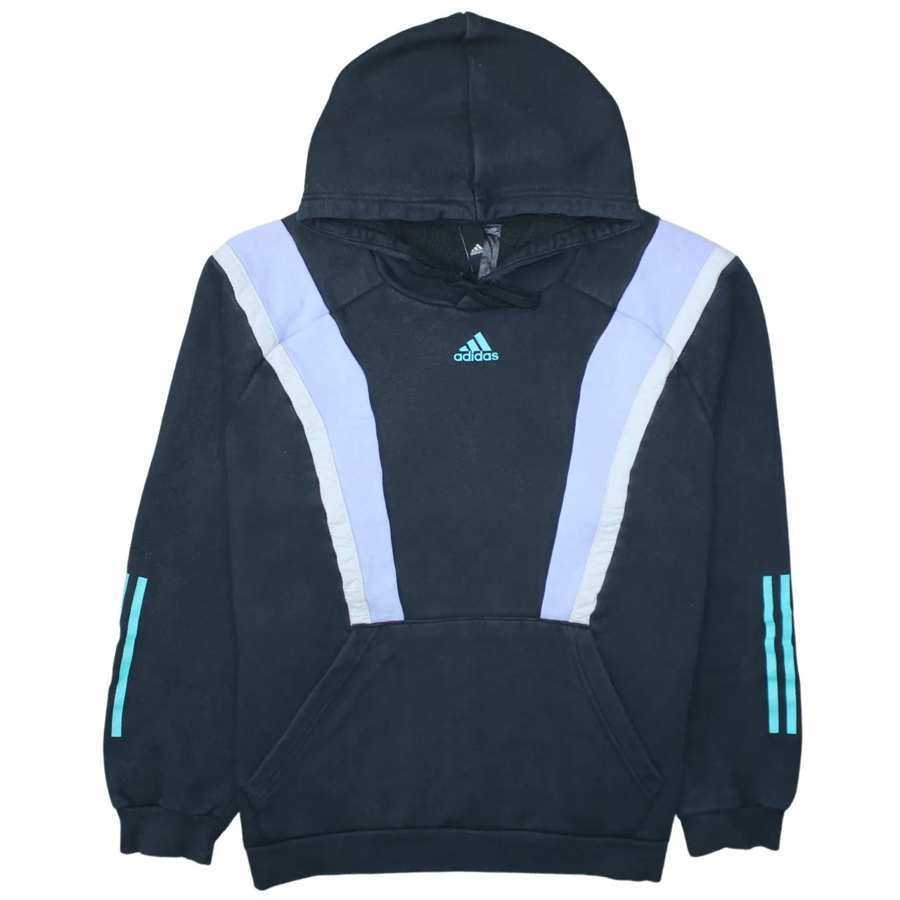 Adidas Black Hoodie Men’s Large Embroidered Logo Panel Design Three Stripe Sleeves Sweatshirt sold by Vintage Club
