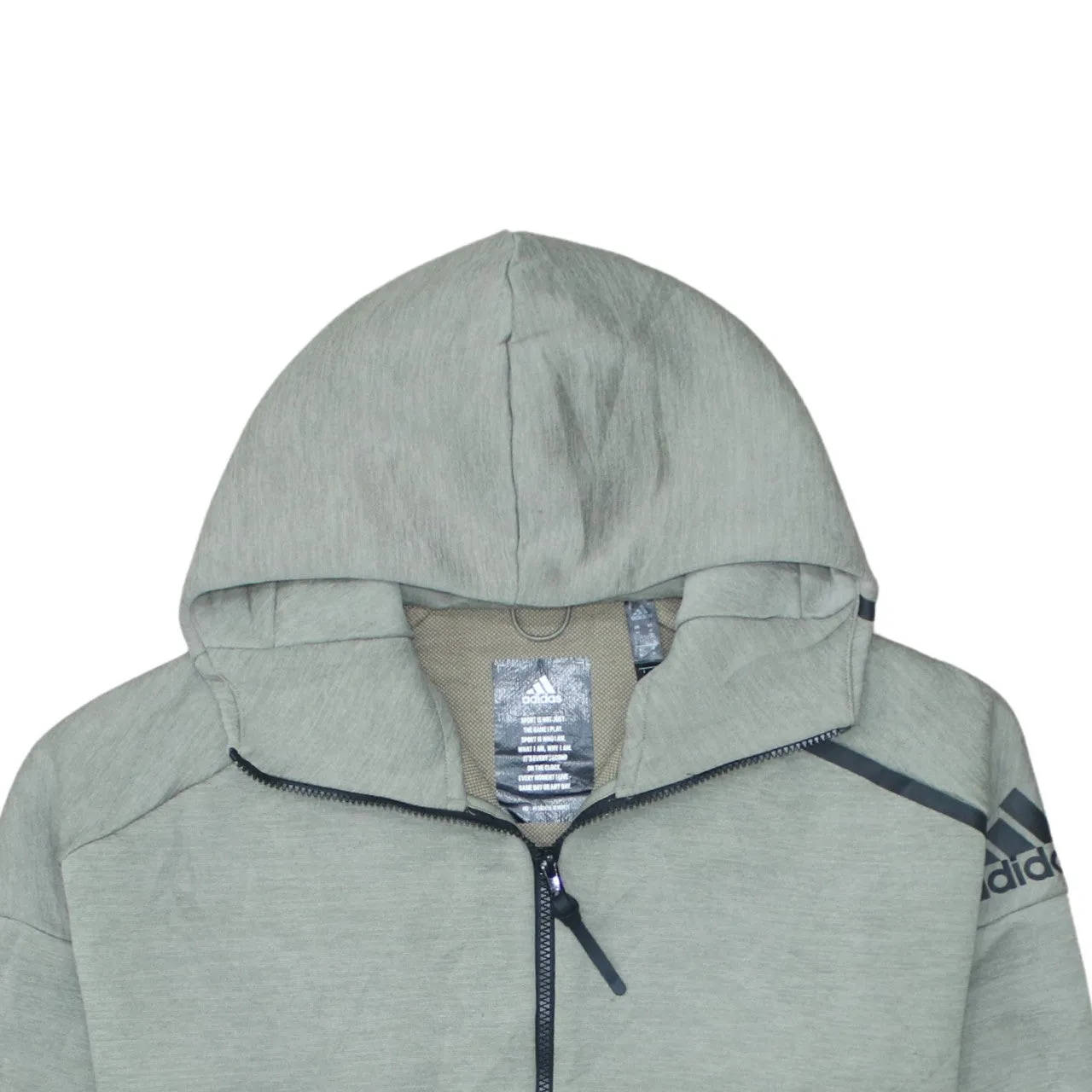Adidas Sage Green Full Zip Hoodie Men’s Medium Printed Sleeve Logo Split Pockets Sweatshirt sold by Vintage Club product image thumbnail 3