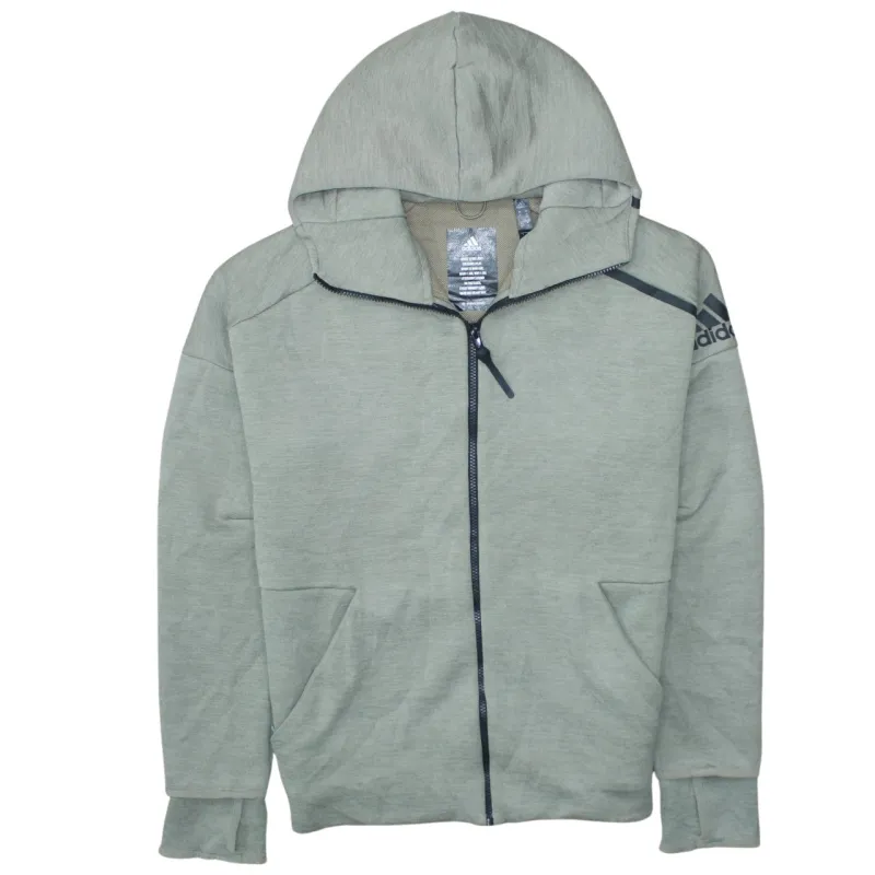 Adidas Sage Green Full Zip Hoodie Menβs Medium Printed Sleeve Logo Split Pockets Sweatshirt made by Adidas