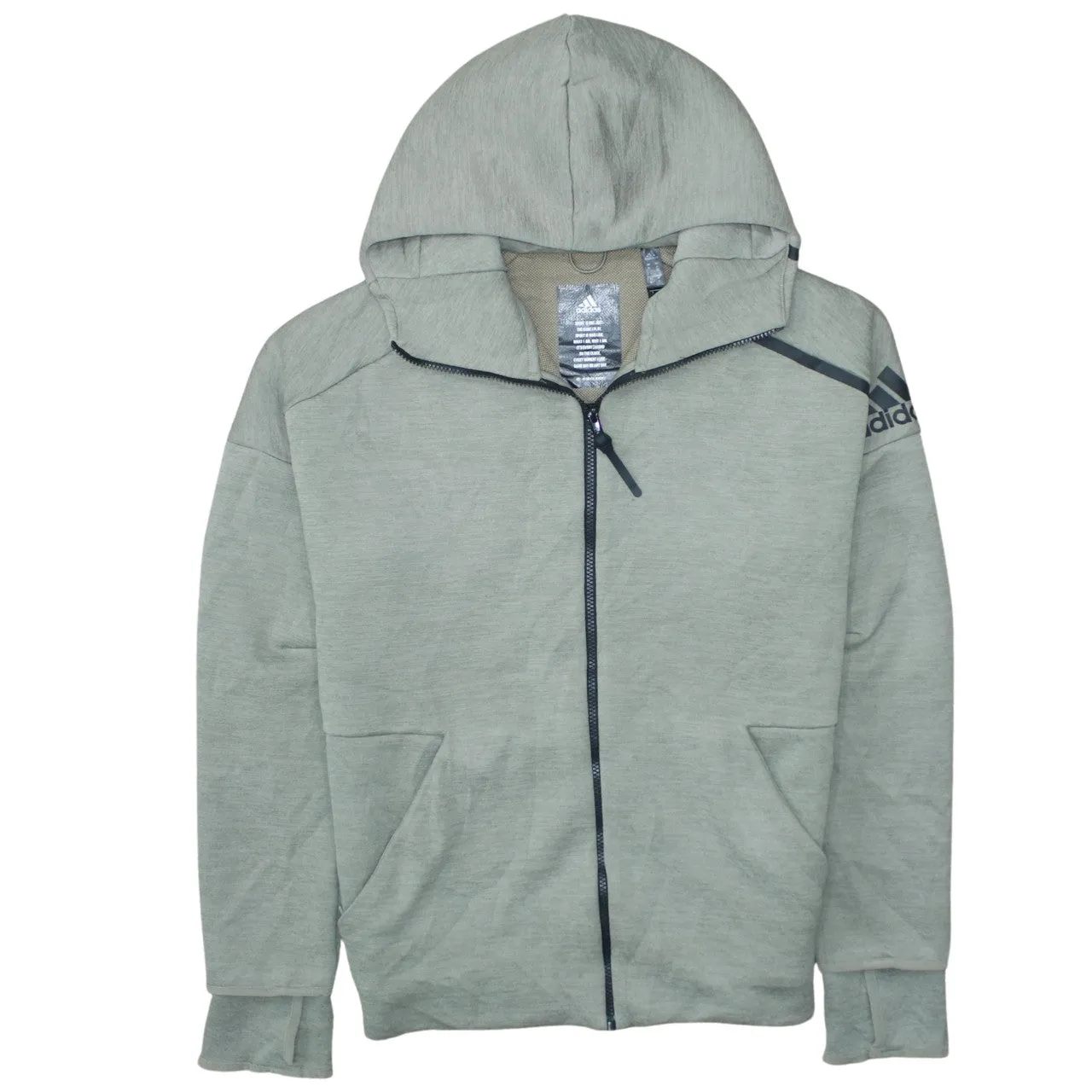 Adidas Sage Green Full Zip Hoodie Men’s Medium Printed Sleeve Logo Split Pockets Sweatshirt sold by Vintage Club