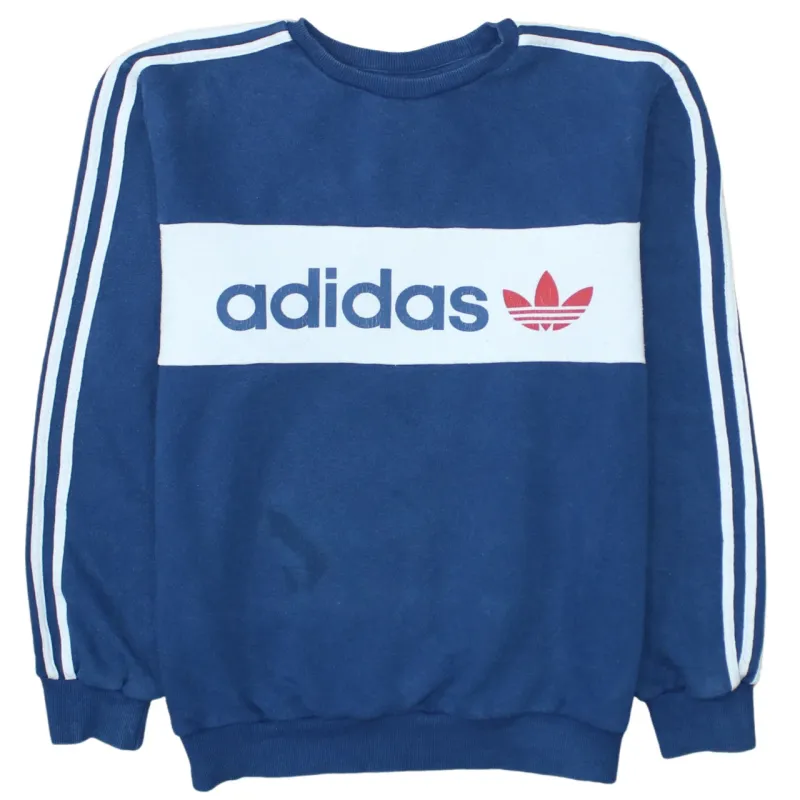 Adidas Navy Blue Sweatshirt Men's Medium Trefoil Printed Logo Three Stripe Sleeves Pullover Top made by Adidas