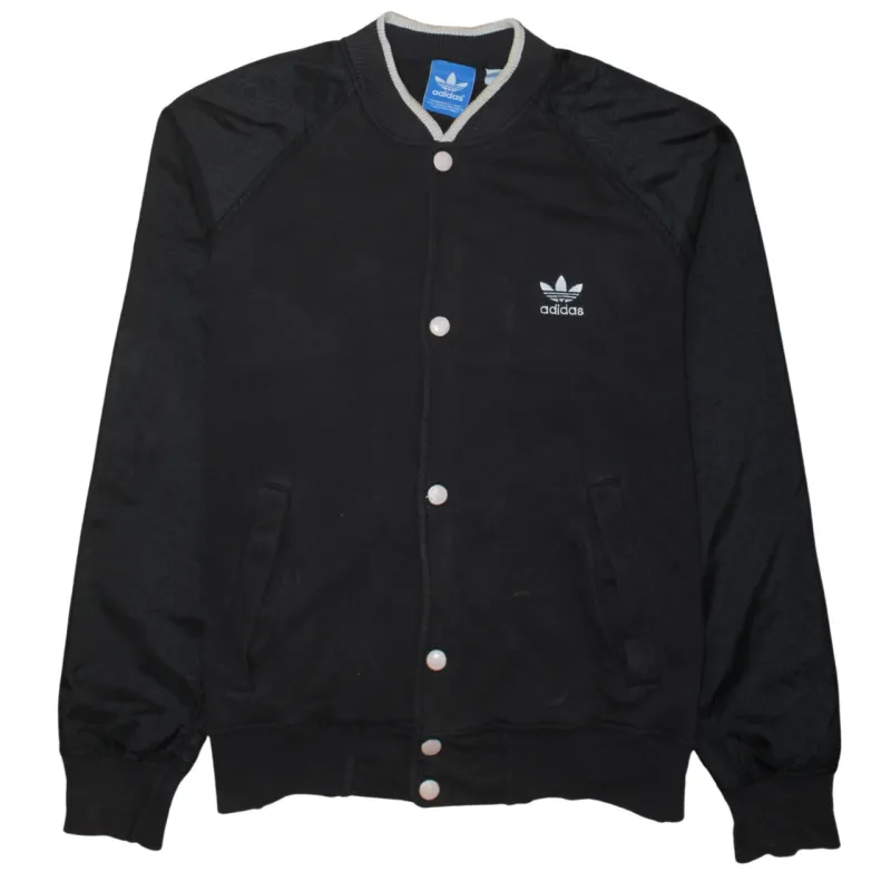 Adidas Black Snap Button Jacket Men's Large Trefoil Logo Pattern Sleeves Bomber Sweatshirt made by Adidas